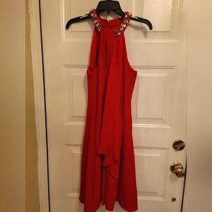 Calvin Klein beautiful sleeveless red formal dress w/jeweled halter neckline sz4